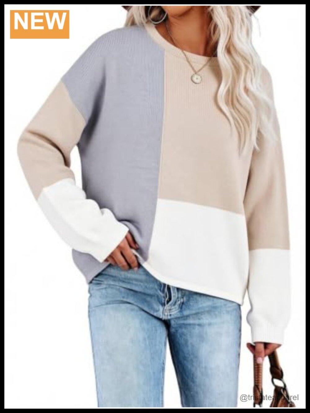 ECOWISH Women Long Sleeve Color Block Knit Pullover Sweater Loose Casual Crew